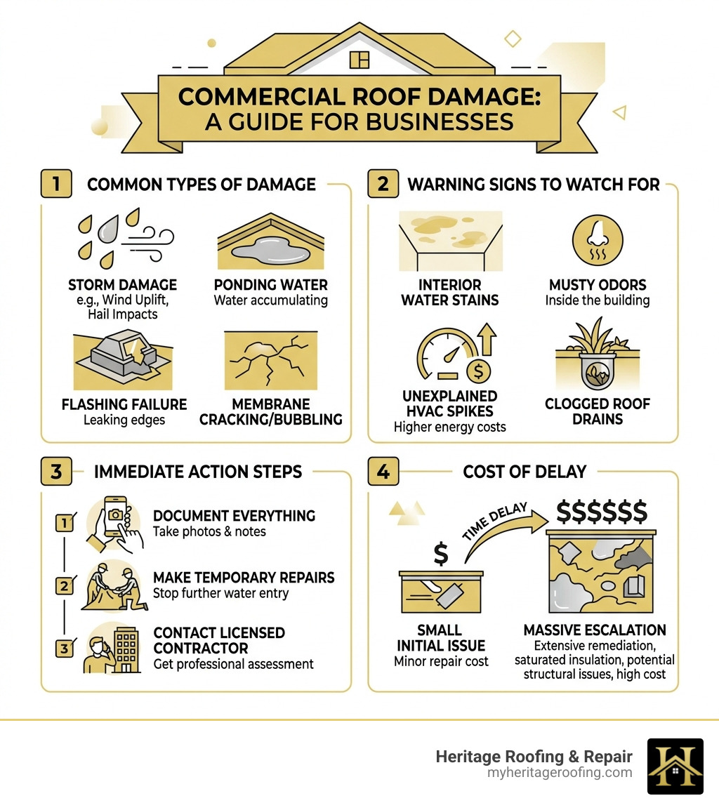 Infographic showing types of commercial roof damage, warning signs, immediate action steps, and cost of delay - Commercial Infographic showing types of commercial roof damage, warning signs, immediate action steps, and cost of delay - Commercial
