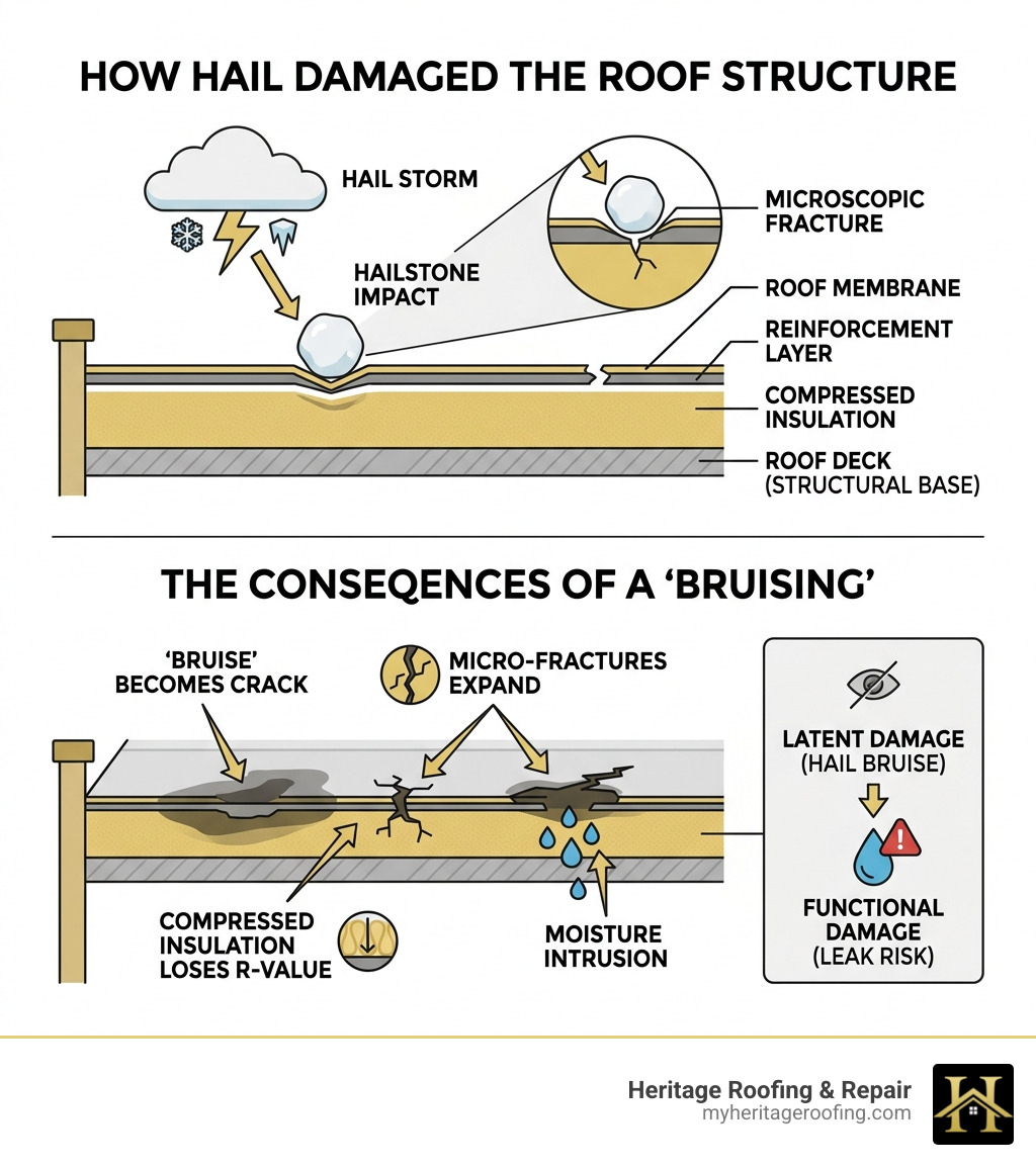 Infographic showing how hail bruises insulation beneath the membrane - Commercial roof damage infographic Infographic showing how hail bruises insulation beneath the membrane - Commercial roof damage infographic