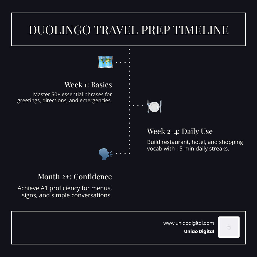 Duolingo travel language prep timeline infographic for 2026 showing weekly milestones - duolingo for travel infographic