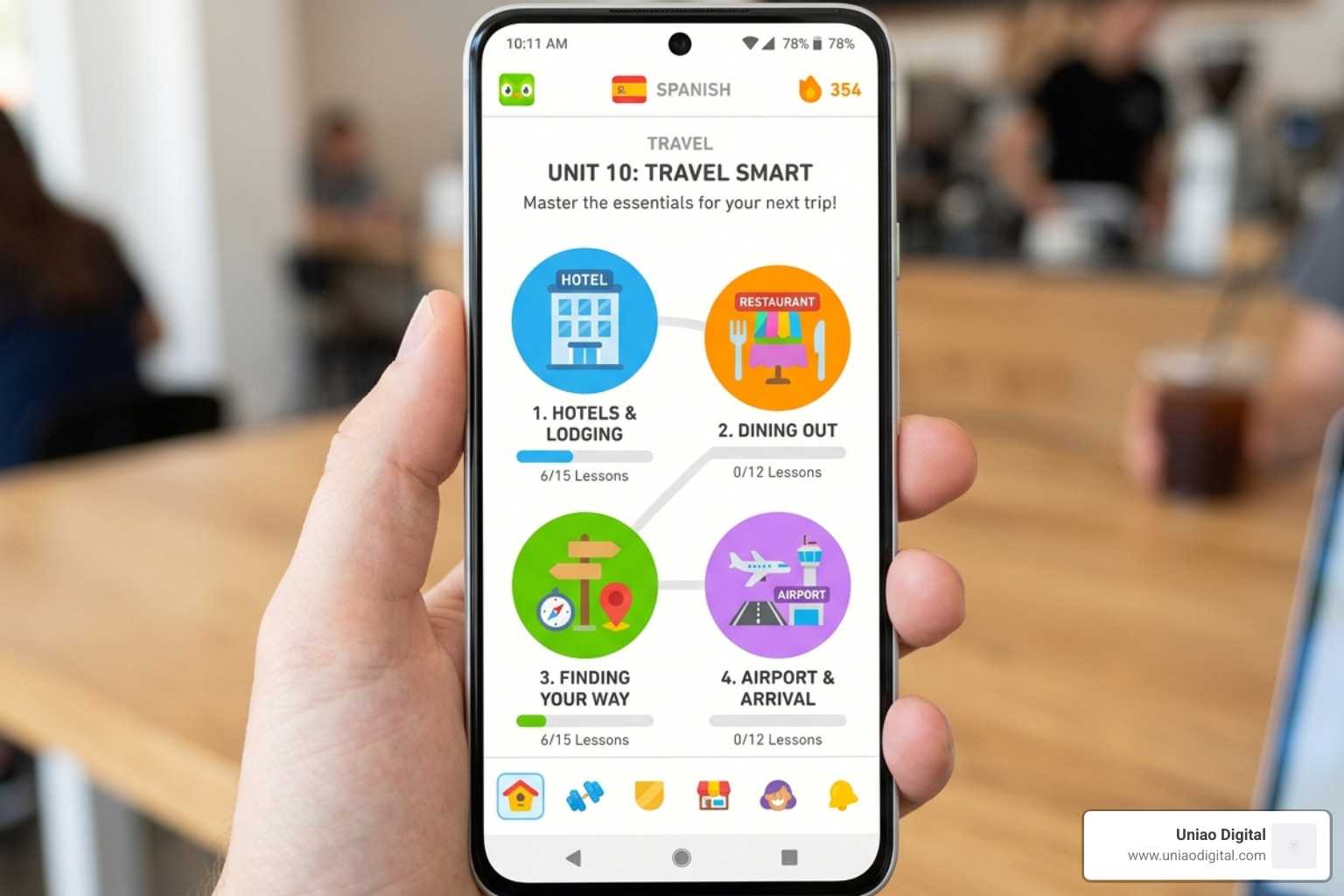 Duolingo app interface showing a travel-specific unit with icons for hotels and restaurants - duolingo for travel