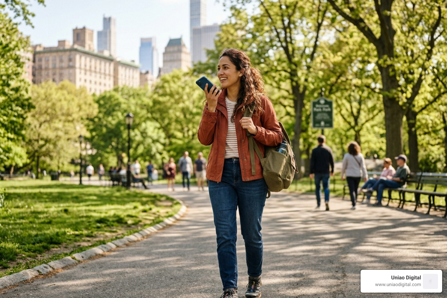 A traveler practicing pronunciation with a smartphone while walking through a city park - duolingo for travel
