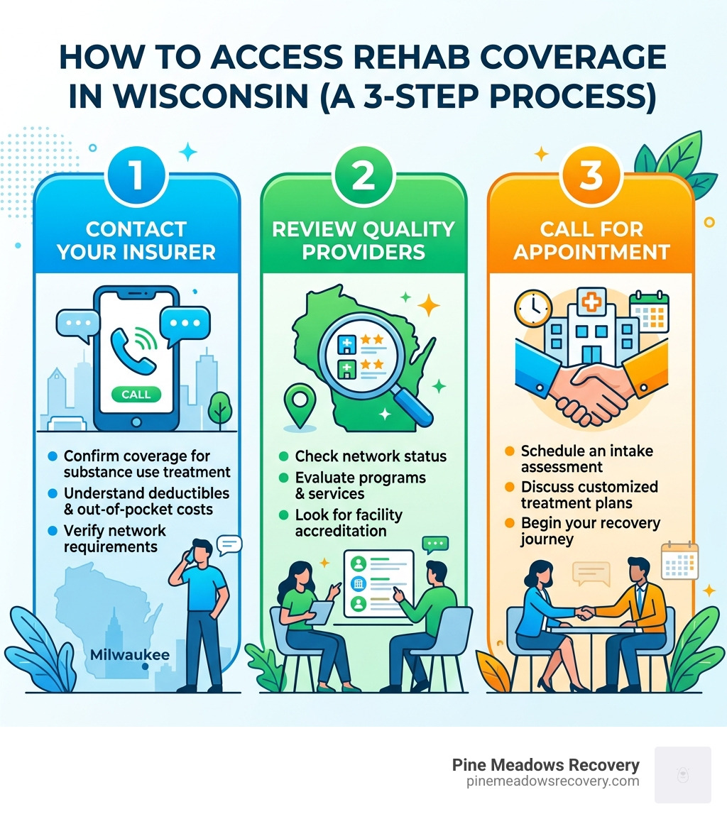 3-step process infographic: contact insurer, review quality providers, call for appointment in Wisconsin - What Insurance 3-step process infographic: contact insurer, review quality providers, call for appointment in Wisconsin - What Insurance