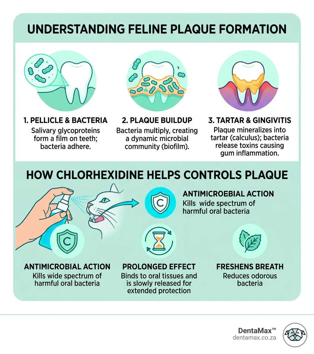 Infographic explaining feline plaque formation and how chlorhexidine oral rinse helps - chlorhexidine oral rinse for cats Infographic explaining feline plaque formation and how chlorhexidine oral rinse helps - chlorhexidine oral rinse for cats