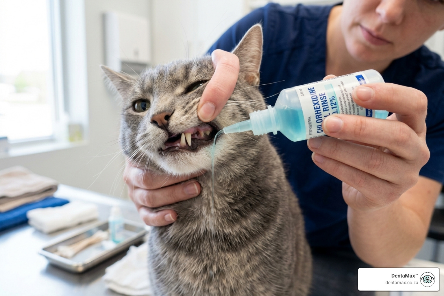 Applying chlorhexidine rinse along the feline gum line - chlorhexidine oral rinse for cats Applying chlorhexidine rinse along the feline gum line - chlorhexidine oral rinse for cats