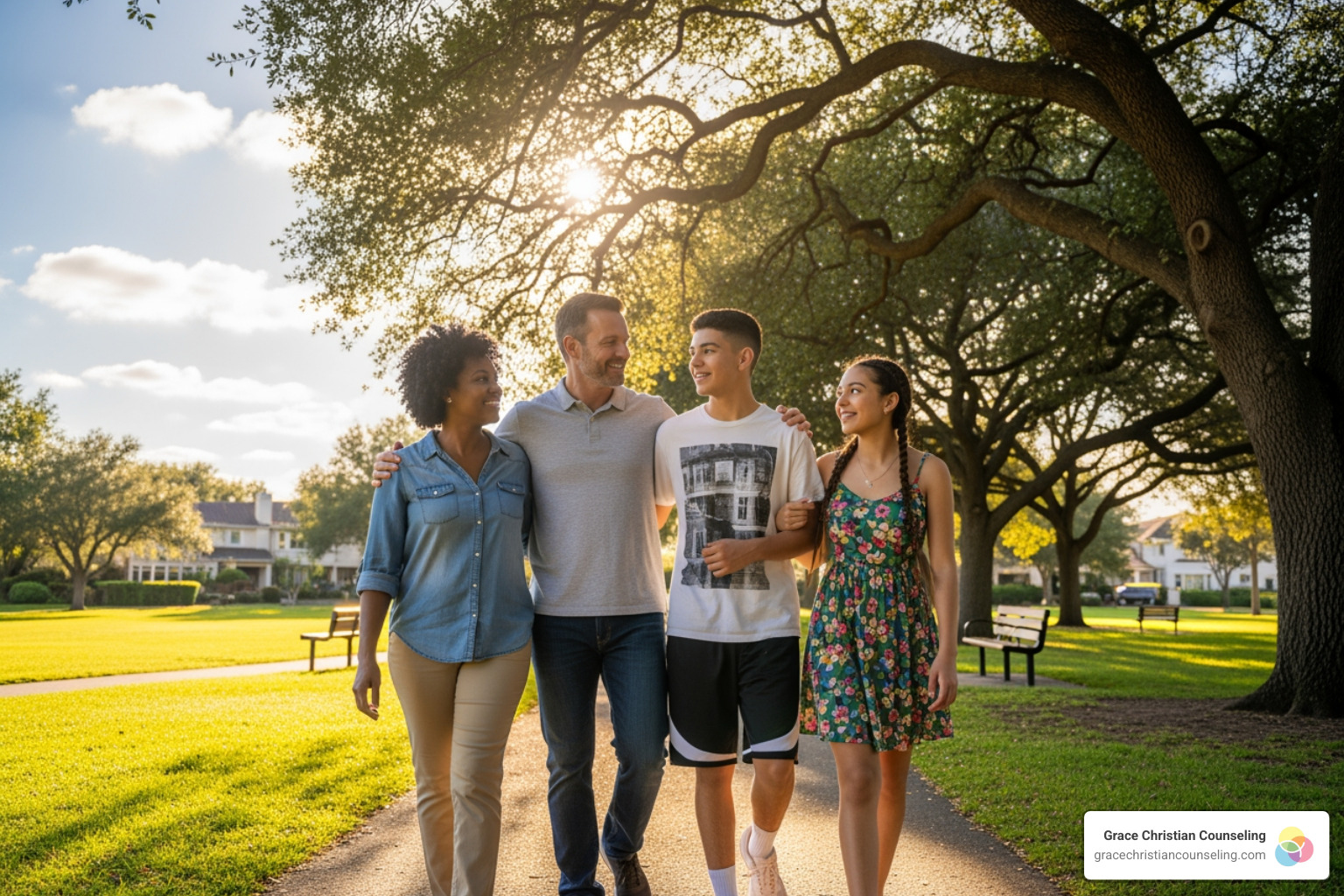 Family walking together in a supportive, hopeful environment - therapist for teenage depression near me