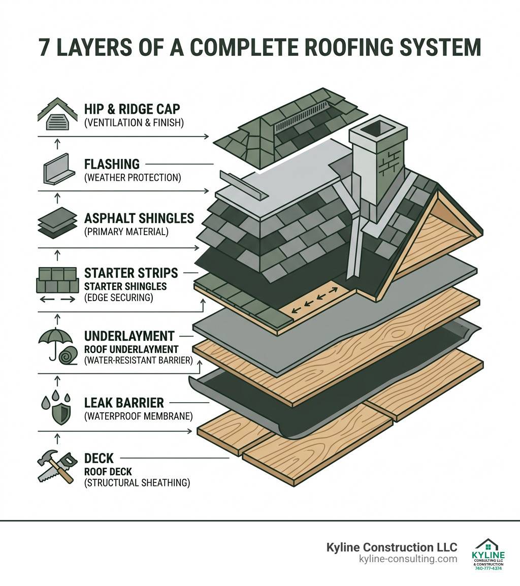 7 layers of a complete roofing system diagram with materials labeled from deck to ridge cap - roofing infographic 