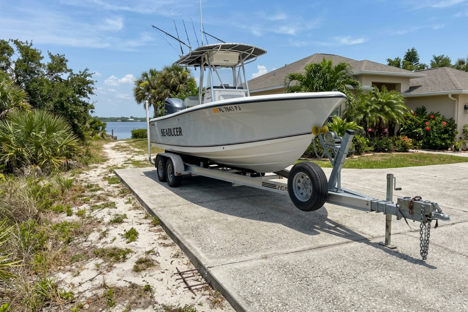 Heavy boat trailer parked on a reinforced high-strength concrete slab in Merritt Island - 5000 PSI concrete driveway Brevard