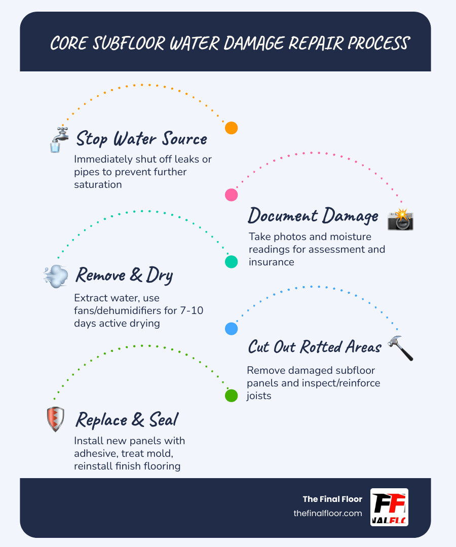 Layers of a commercial athletic flooring system and water damage repair process overview - Subfloor water damage repair Layers of a commercial athletic flooring system and water damage repair process overview - Subfloor water damage repair