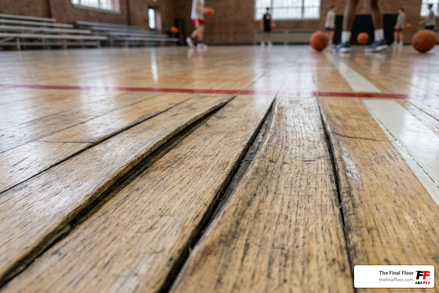 Cupping hardwood in a university fieldhouse showing moisture damage - Subfloor water damage repair Cupping hardwood in a university fieldhouse showing moisture damage - Subfloor water damage repair
