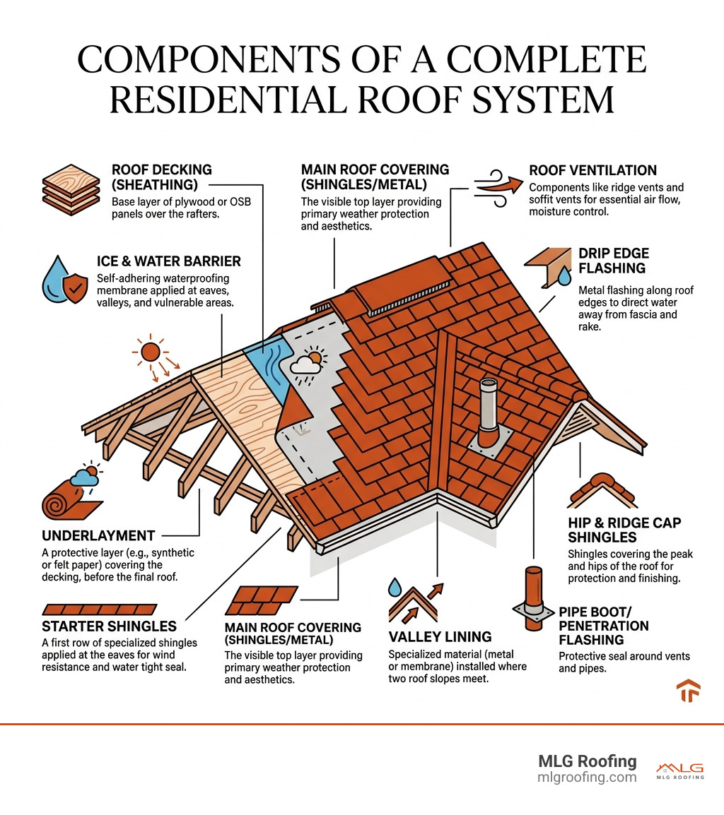 Components of a complete residential roof system infographic - new roof installation infographic 