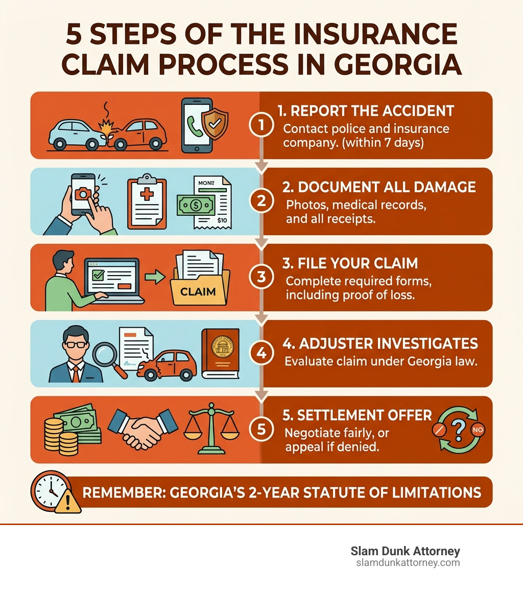 Infographic showing the 5 steps of the insurance claim process in Georgia: Step 1 - Report the accident to police and your insurance company within 7 days; Step 2 - Document all damage with photos, medical records, and receipts; Step 3 - File your claim with required forms including proof of loss; Step 4 - Insurance adjuster investigates and evaluates your claim under Georgia law; Step 5 - Receive settlement offer, negotiate for fair compensation, or appeal if denied - remember Georgia's 2-year statute of limitations - insurance claim process infographic 