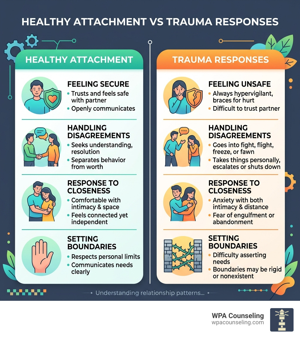 healthy attachment vs trauma responses in relationships - dating someone with relationship trauma infographic 