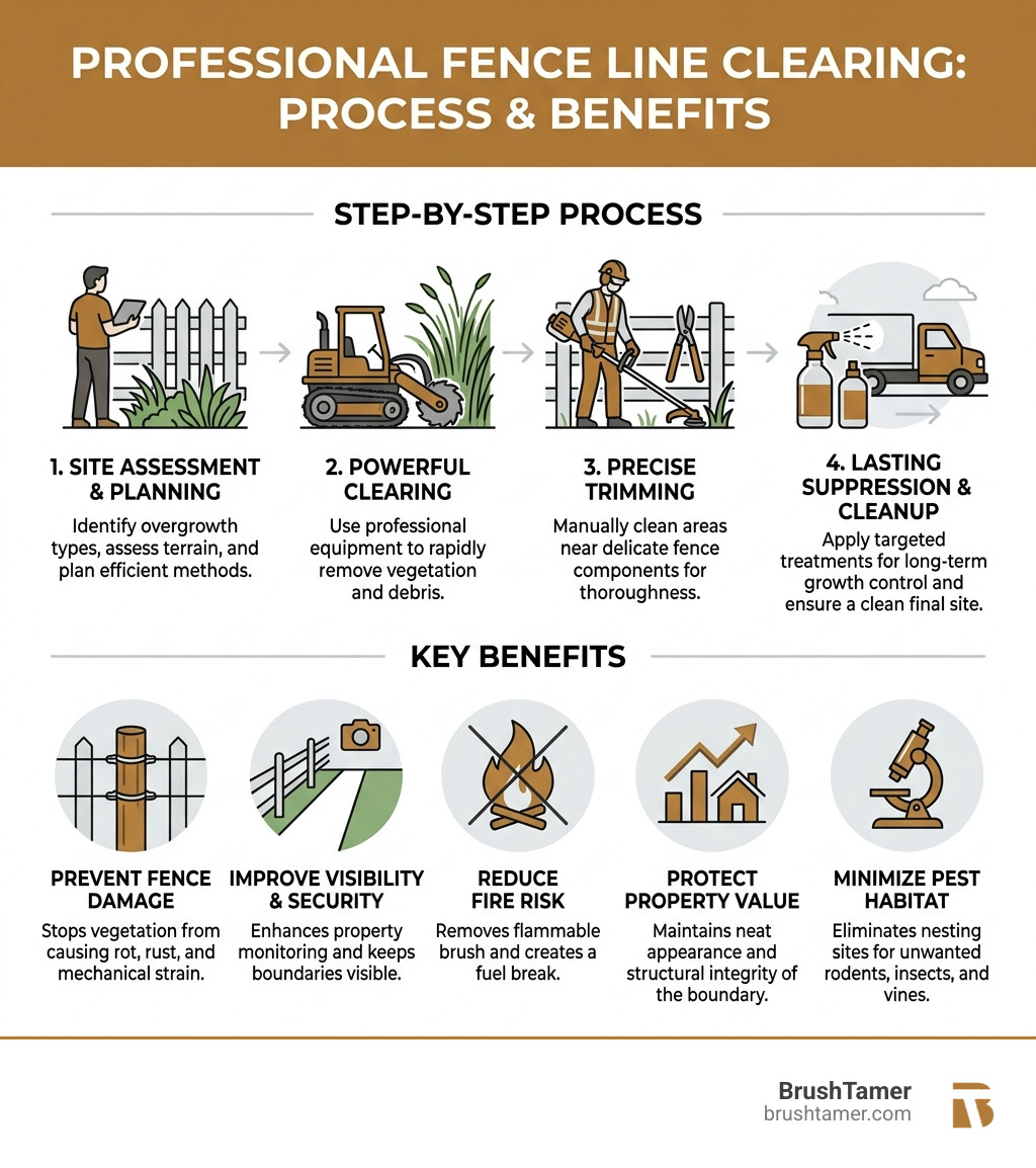 infographic showing steps of professional fence line clearing process with benefits - fence line clearing infographic 