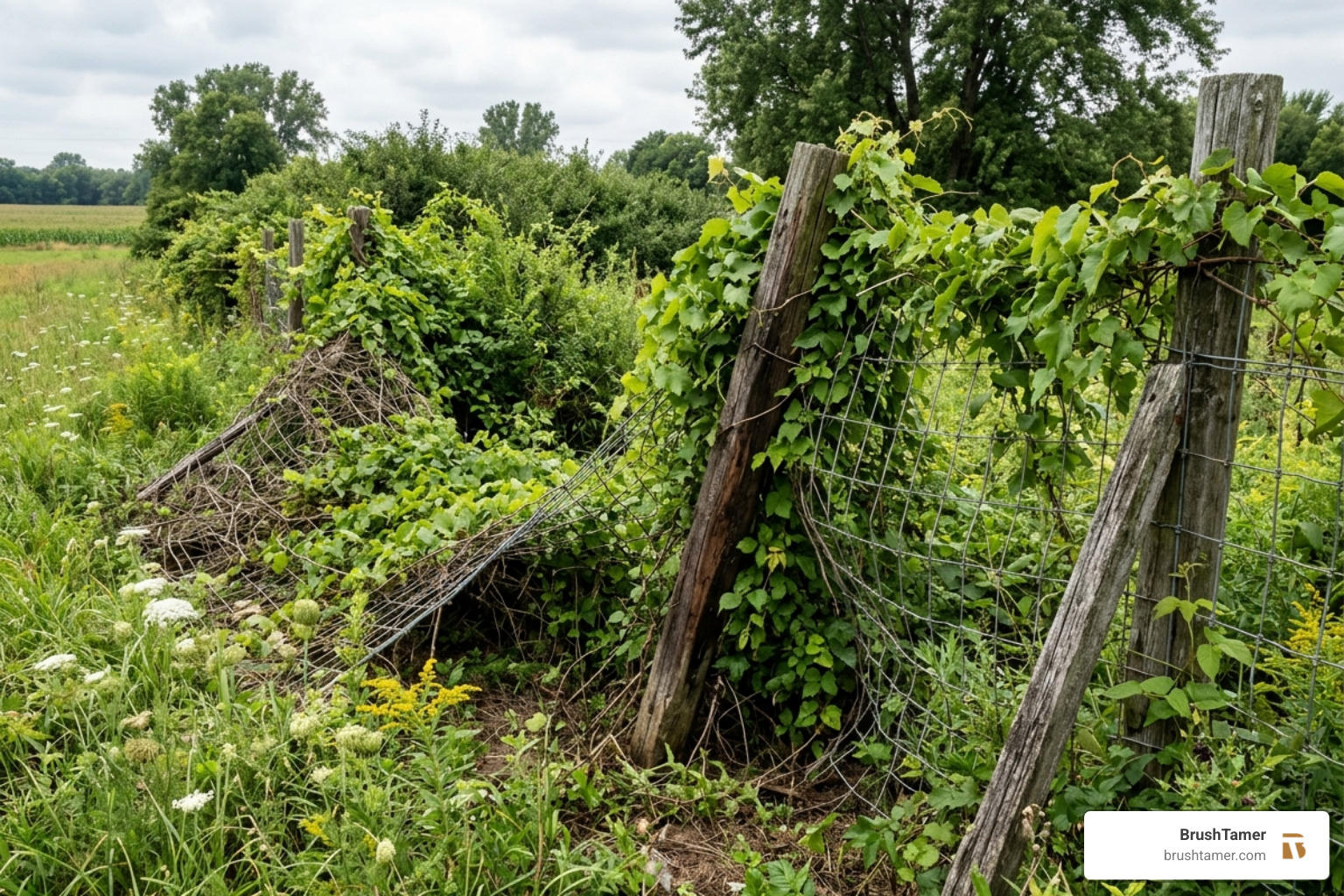 overgrowth causing fence failure - fence line clearing