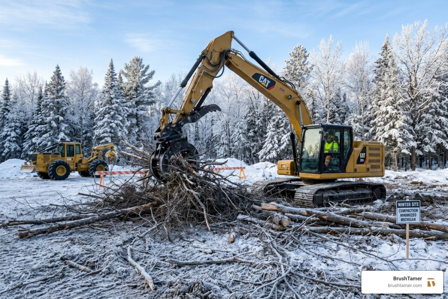 winter land clearing on frozen Michigan ground minimal soil compaction - land clearing in Michigan