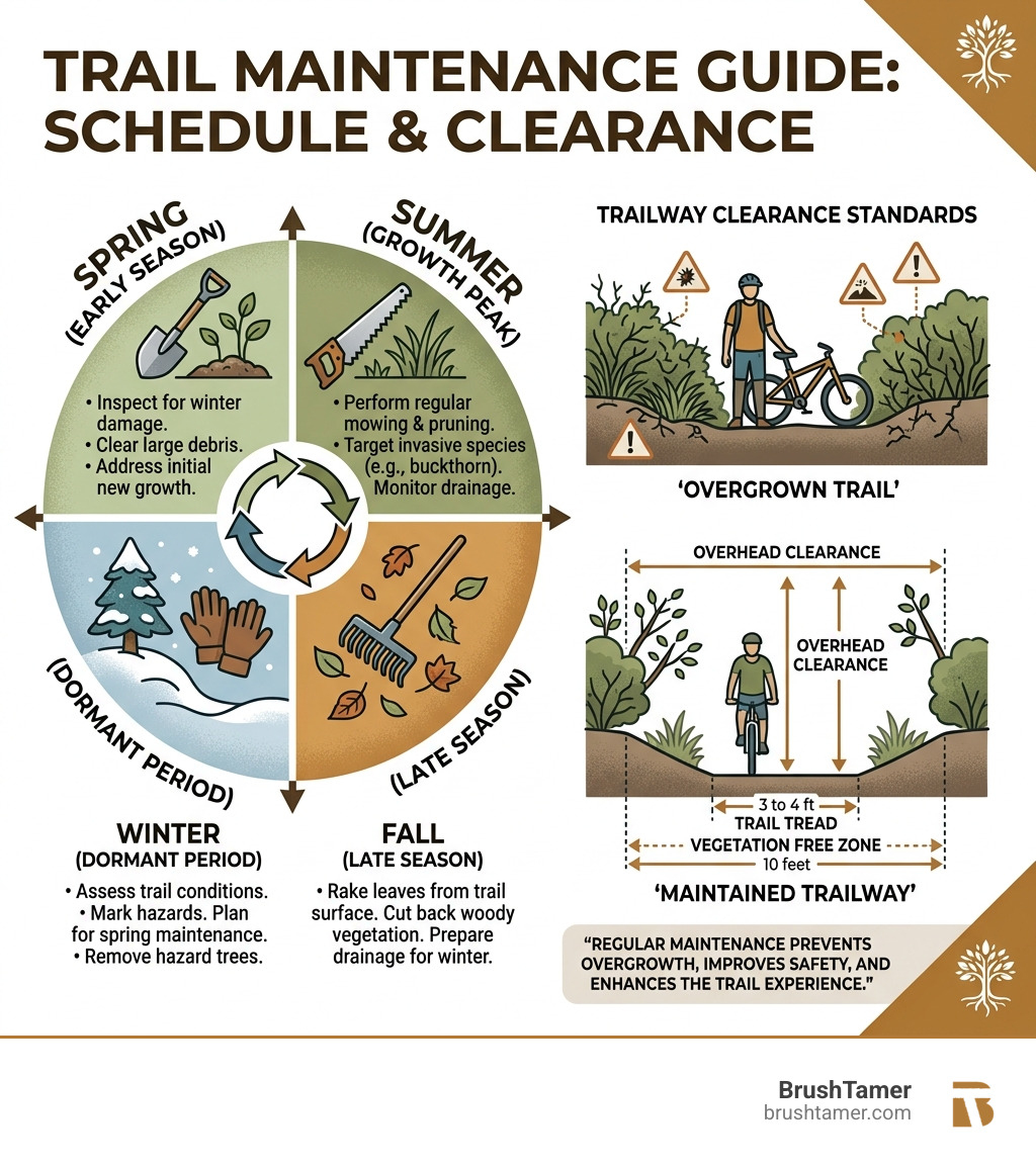 infographic showing trail maintenance schedule and clearance widths - overgrown trail infographic 