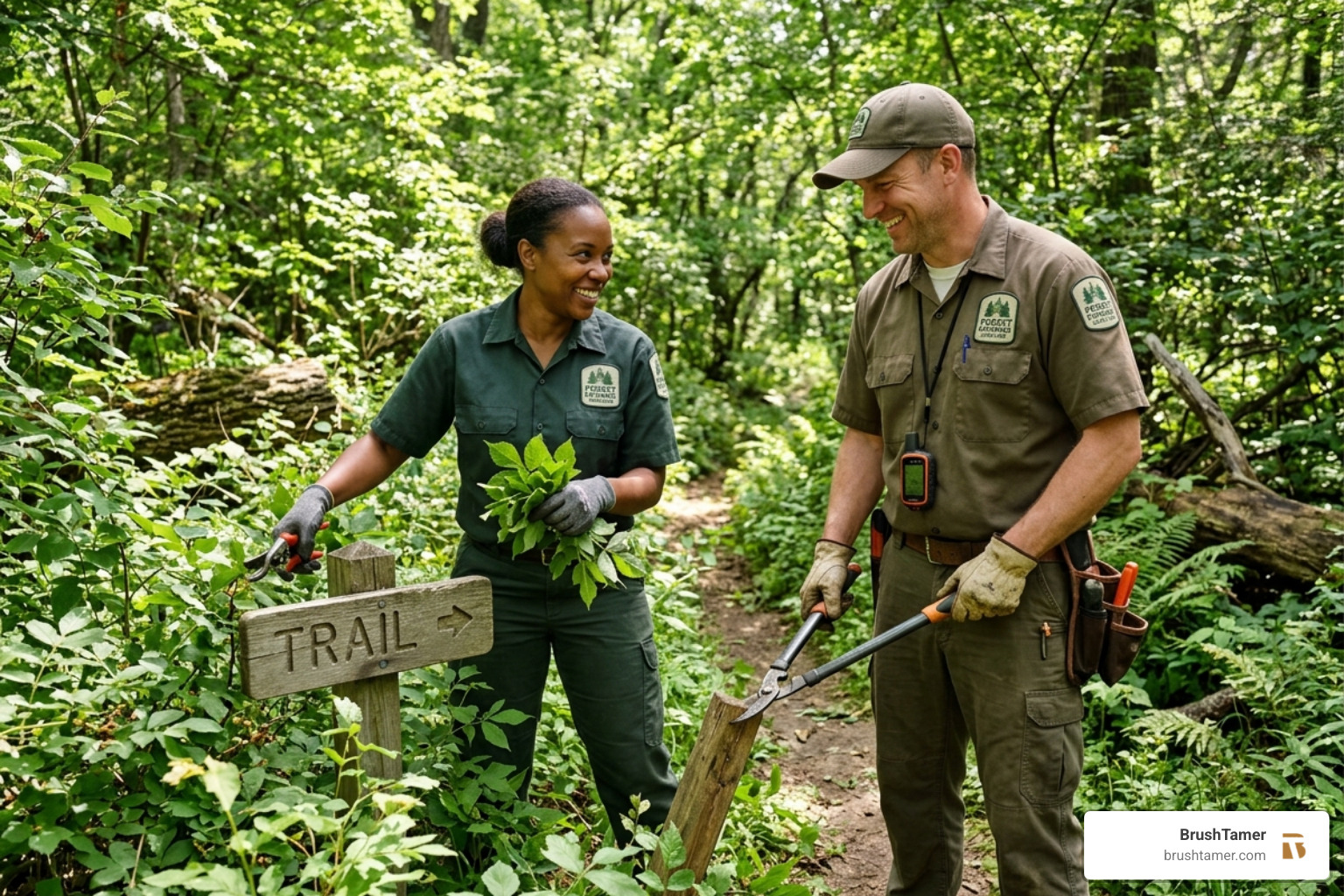 professional land clearing expert identifying trail markers - overgrown trail