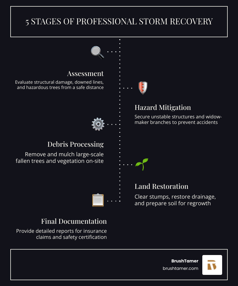 5 stages of professional Midwest storm damage cleanup: Assessment, Hazard Mitigation, Debris Processing, Land Restoration