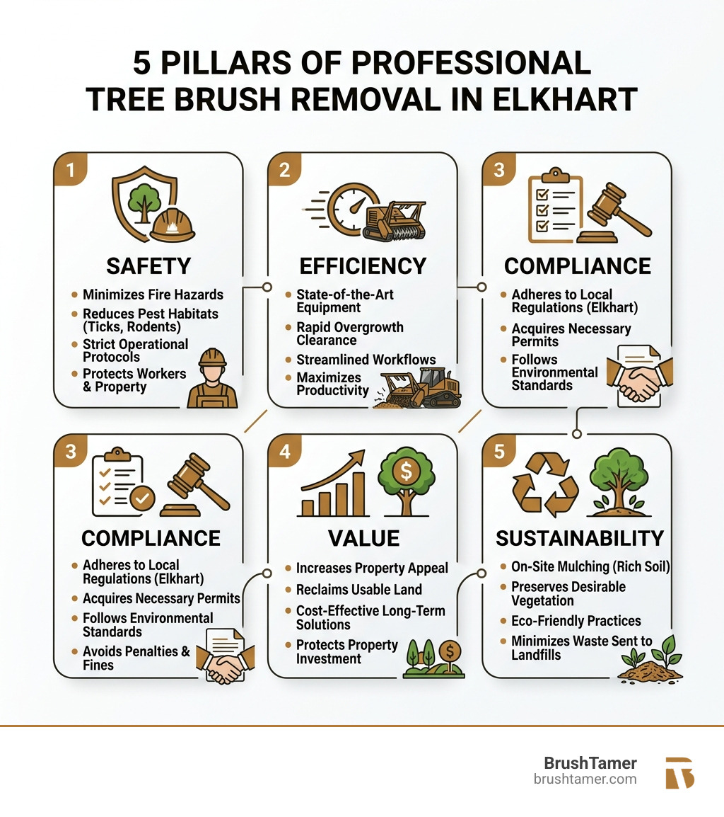 5 pillars of professional tree brush removal in Elkhart: Safety, Efficiency, Compliance, Value, Sustainability - tree brush
