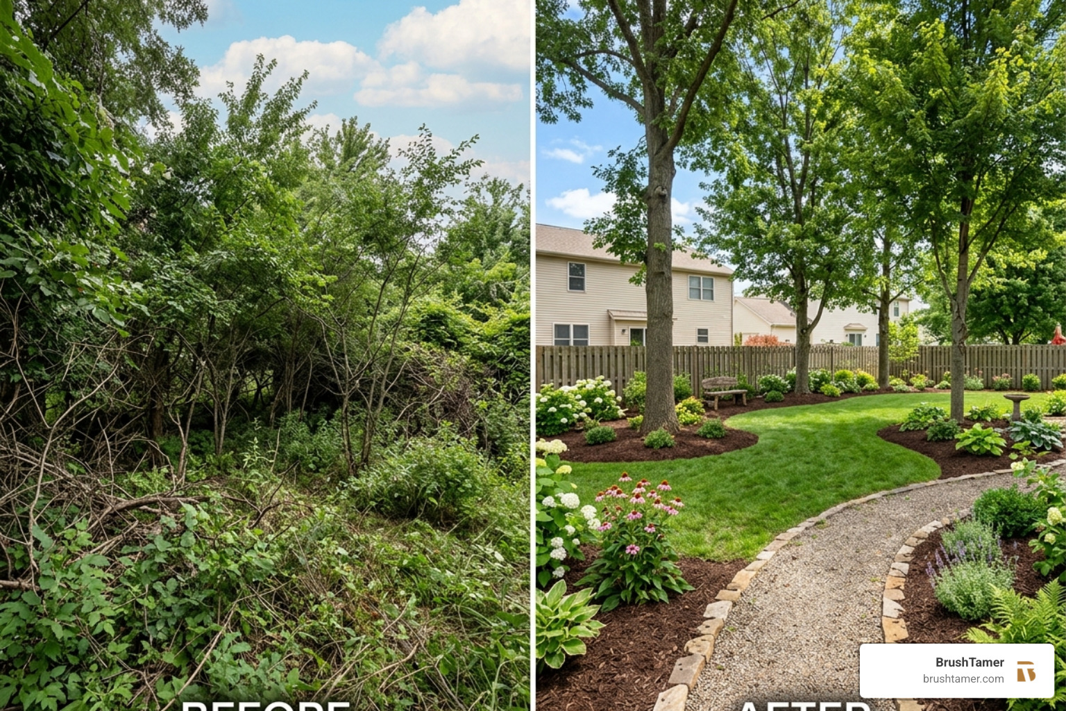 A before-and-after transformation of an overgrown backyard in Nappanee - tree brush removal in Elkhart