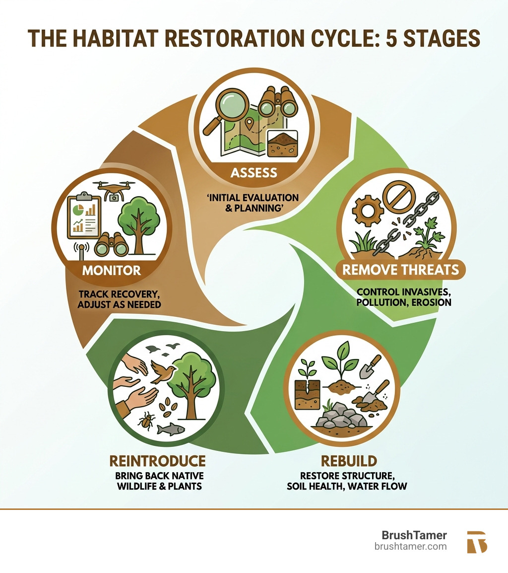 5 stages of the habitat restoration cycle: assess, remove threats, rebuild, reintroduce, monitor - what is habitat