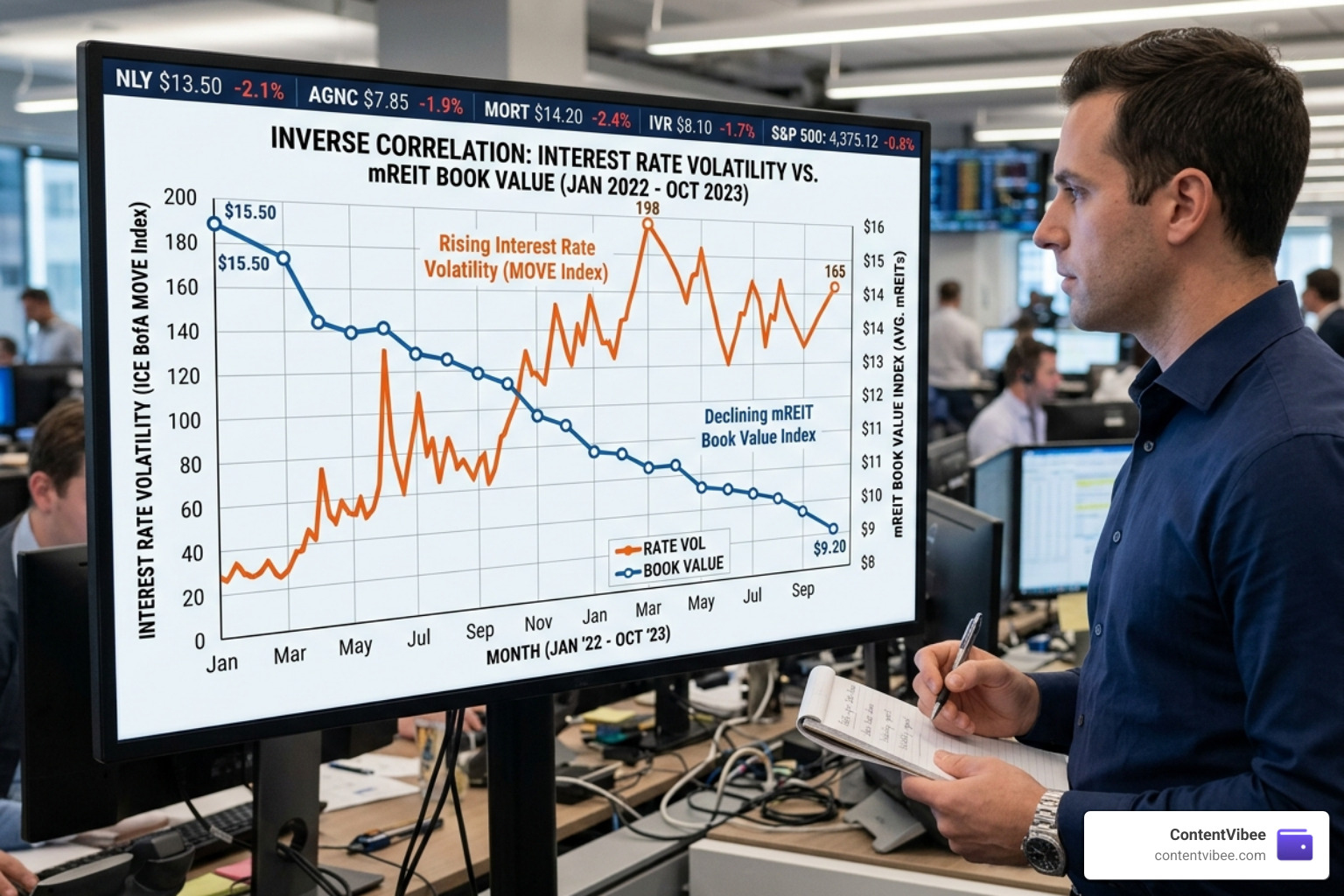 Graph showing the inverse relationship between interest rate volatility and mREIT book value - AGNC Investment Corp Dividend