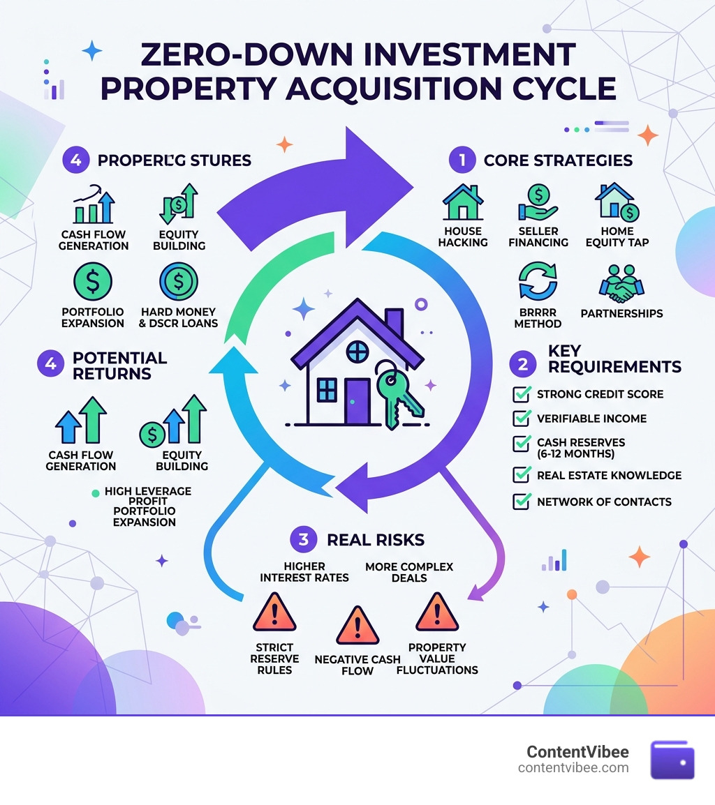 Zero-down investment property acquisition cycle: strategies, requirements, risks, and returns infographic - Buy Investment