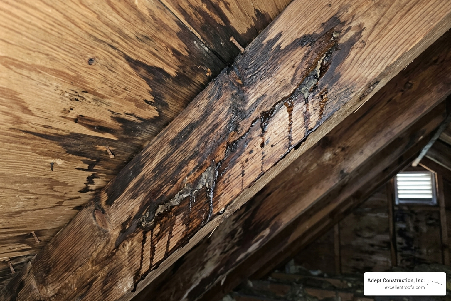 water stains on an attic rafter - repairing tile roof leaks