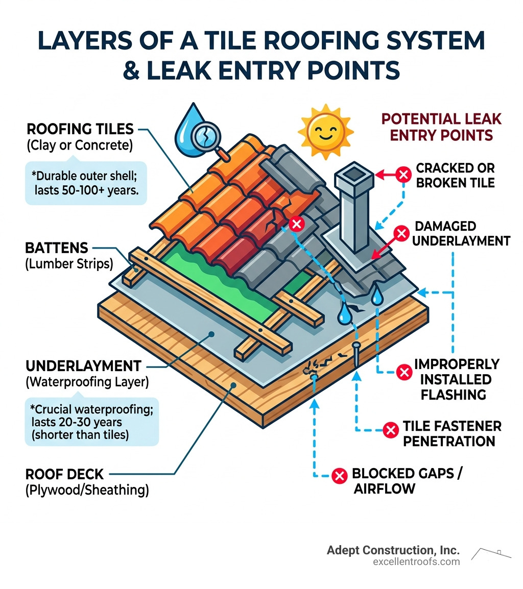 Infographic showing layers of a tile roofing system: deck, underlayment, battens, and tiles with leak entry points labeled