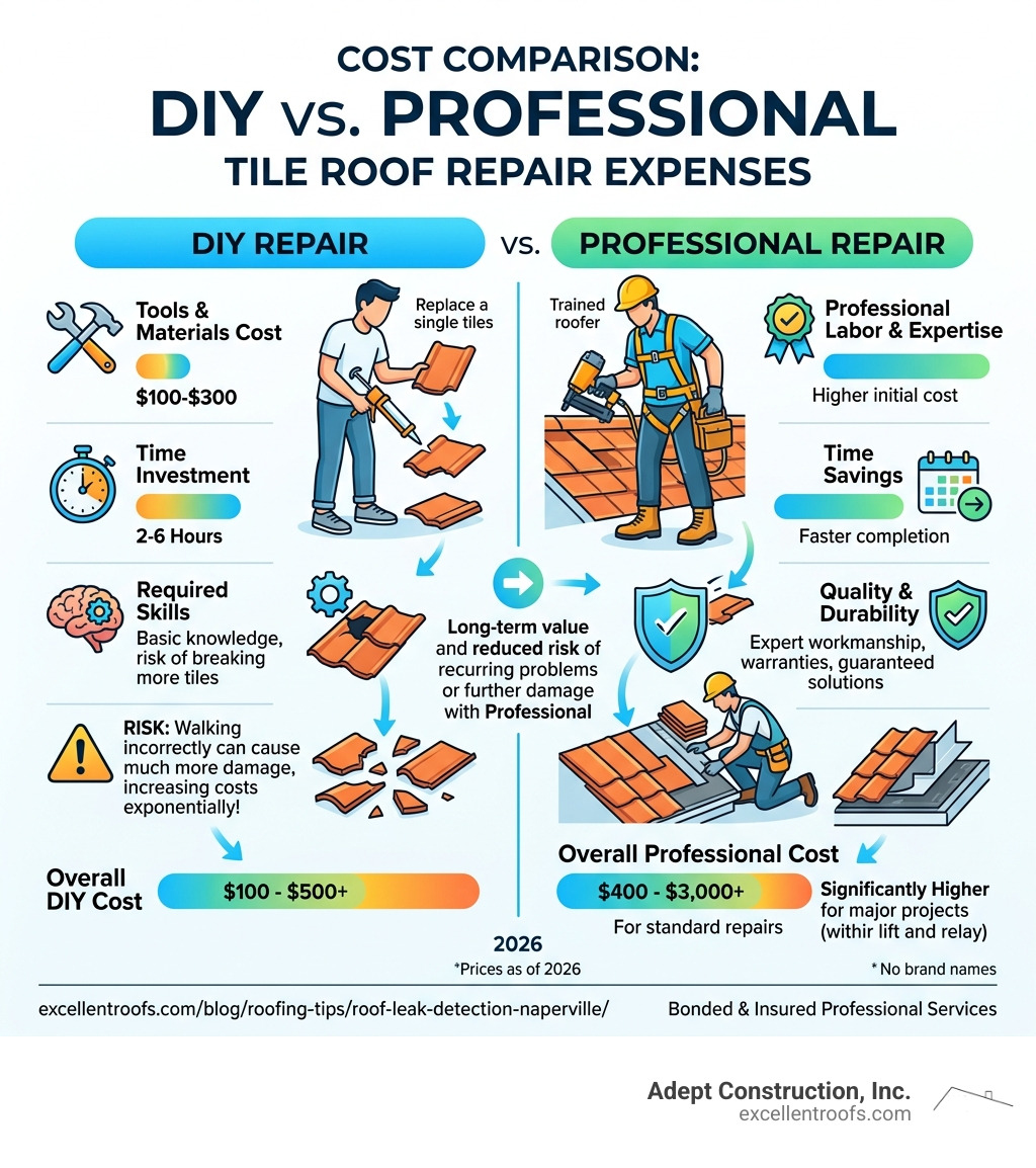 Cost comparison chart showing DIY vs Professional repair expenses - repairing tile roof leaks infographic 