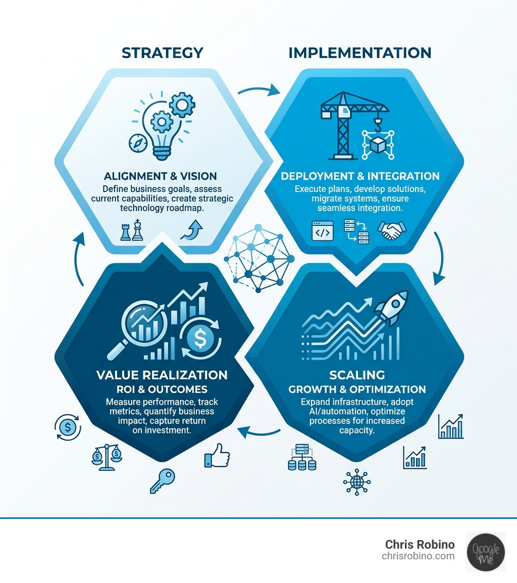 Technology consulting lifecycle showing strategy, implementation, scaling, and value realization stages - technology