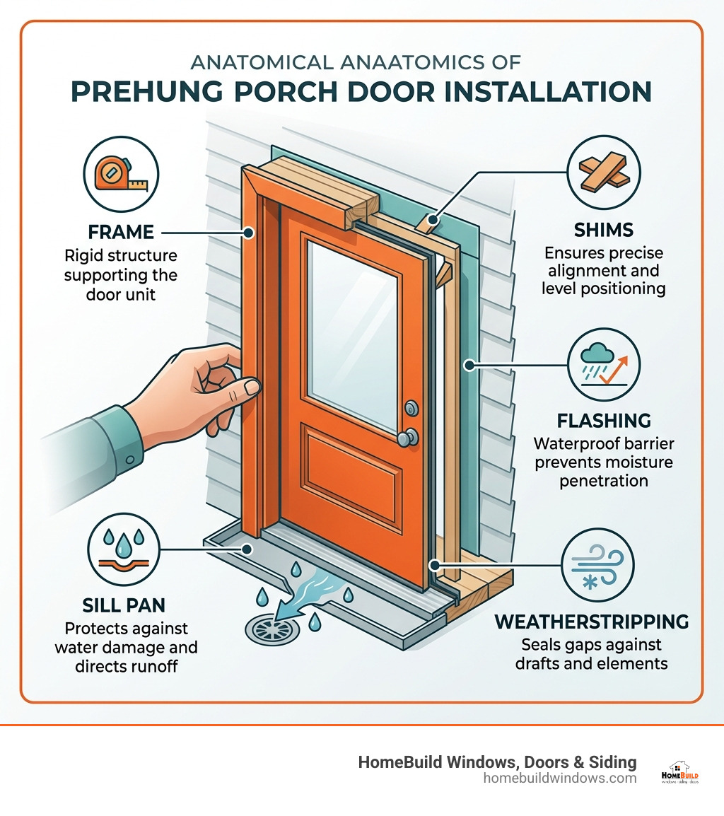 Anatomy of a prehung porch door showing frame, sill pan, shims, flashing, and weatherstripping - porch door installation Anatomy of a prehung porch door showing frame, sill pan, shims, flashing, and weatherstripping - porch door installation