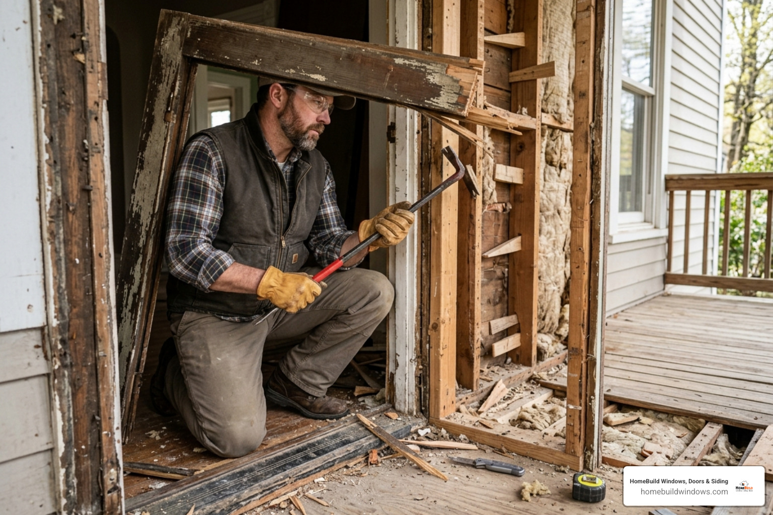 Pry bar removing an old door frame - porch door installation Pry bar removing an old door frame - porch door installation