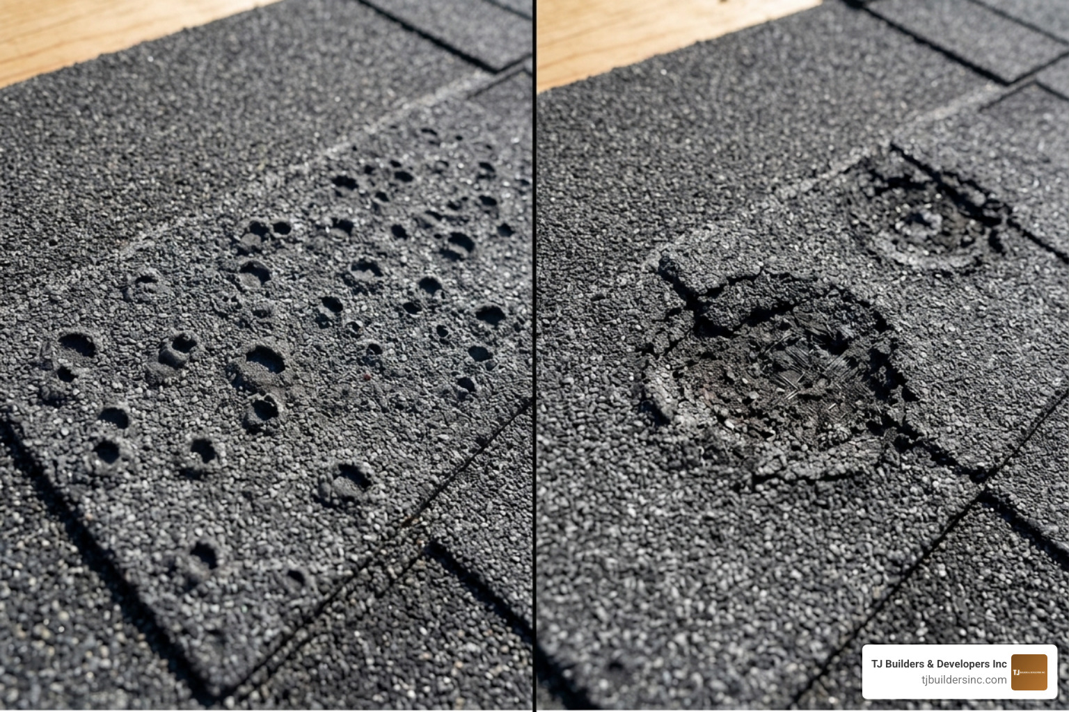 Comparison of shingle blistering versus actual hail impact marks - hail damage roof shingles Comparison of shingle blistering versus actual hail impact marks - hail damage roof shingles