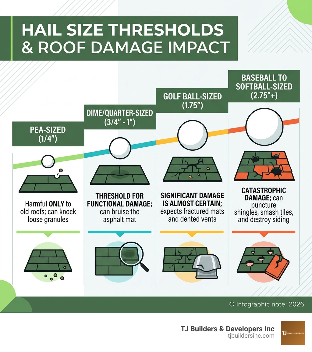 Chart showing hail size thresholds and the resulting damage to roofing materials - hail damage roof shingles infographic Chart showing hail size thresholds and the resulting damage to roofing materials - hail damage roof shingles infographic