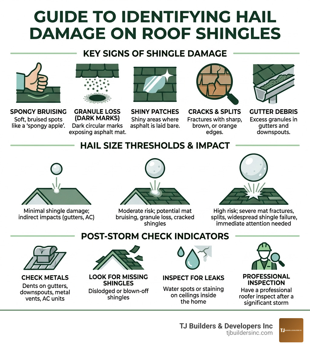 Infographic showing hail damage roof shingles signs, hail size thresholds, and key indicators to check after a storm - hail Infographic showing hail damage roof shingles signs, hail size thresholds, and key indicators to check after a storm - hail