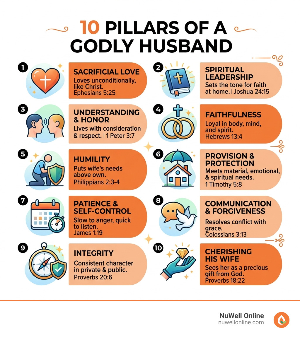 10 pillars of a godly husband with scripture references and brief descriptions for each - characteristics of a good husband