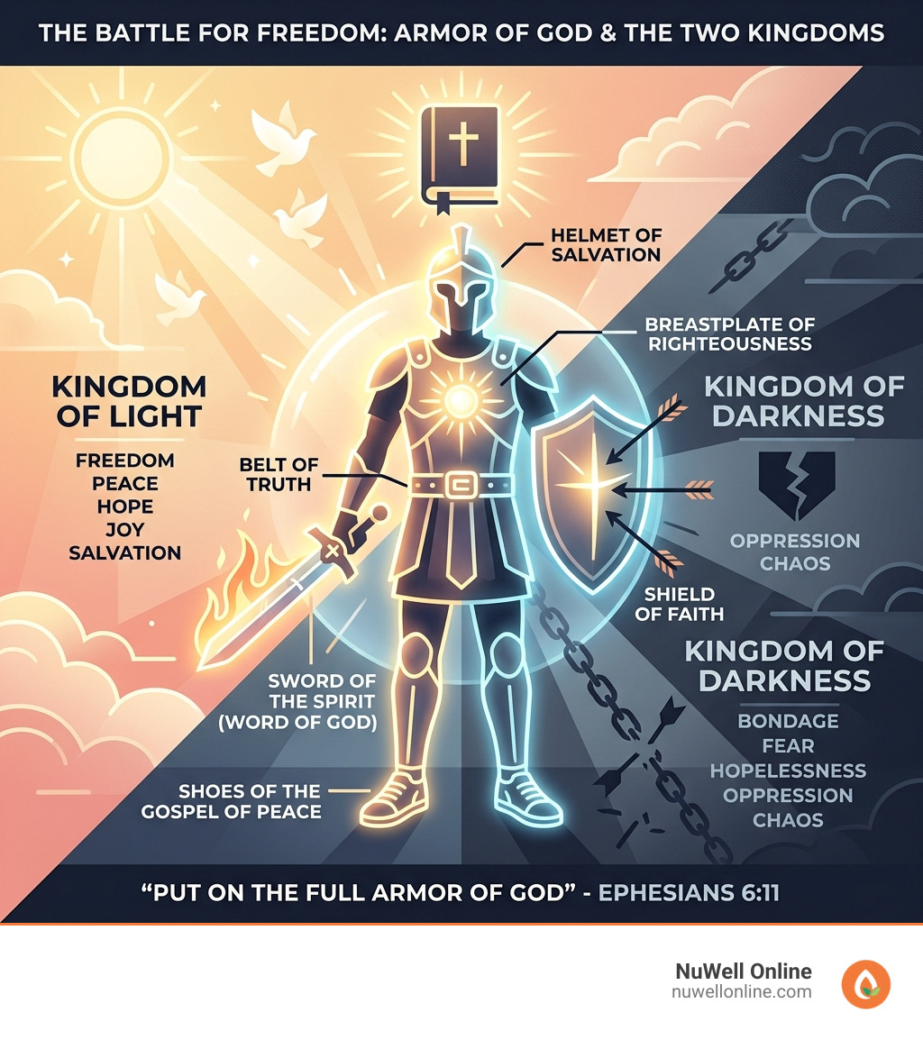 Armor of God and Kingdom of Light vs Darkness infographic showing six armor pieces and two kingdoms - spiritual warfare