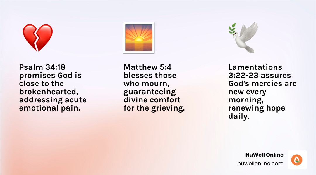 Infographic showing key Bible verses for grief mapped to emotional needs like pain, longing, fear, and hopelessness - Bible
