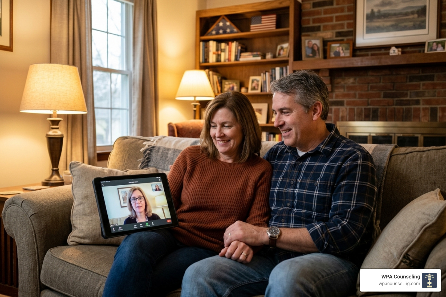 Couple holding hands while looking at a tablet for therapy - couples therapy Pennsylvania online Couple holding hands while looking at a tablet for therapy - couples therapy Pennsylvania online