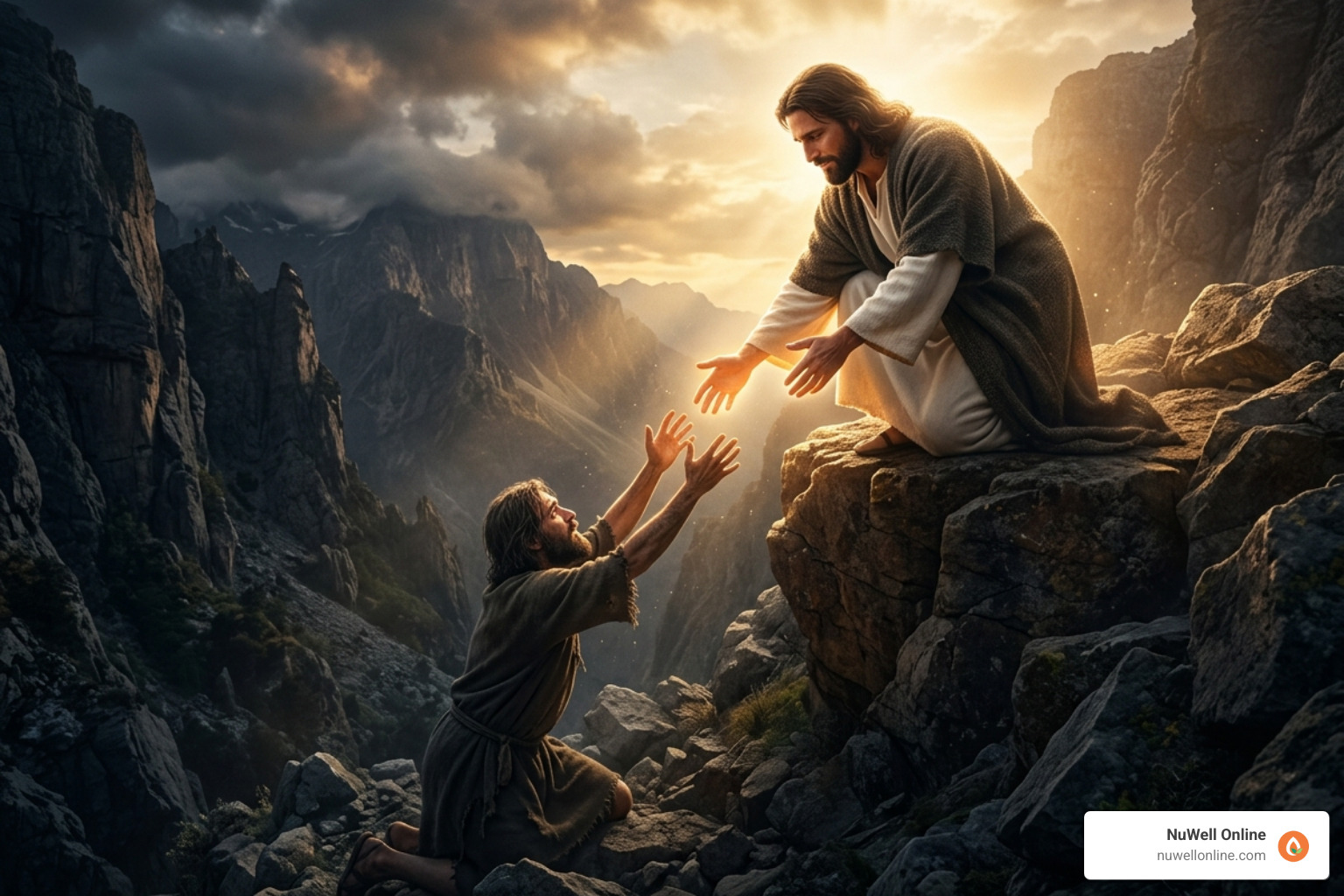 Illustration of Christ as the Rescuer reaching into a dark valley - biblical counseling for trauma