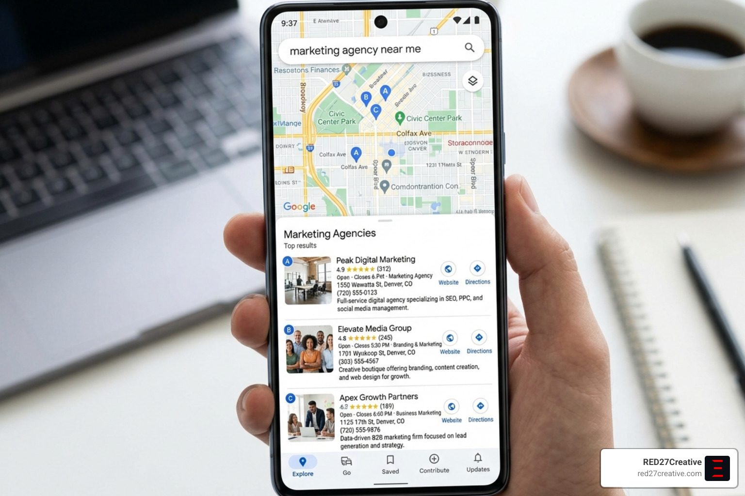 Example of a Google Maps local pack showing three top-rated businesses with reviews and contact info - advantages of seo for Example of a Google Maps local pack showing three top-rated businesses with reviews and contact info - advantages of seo for