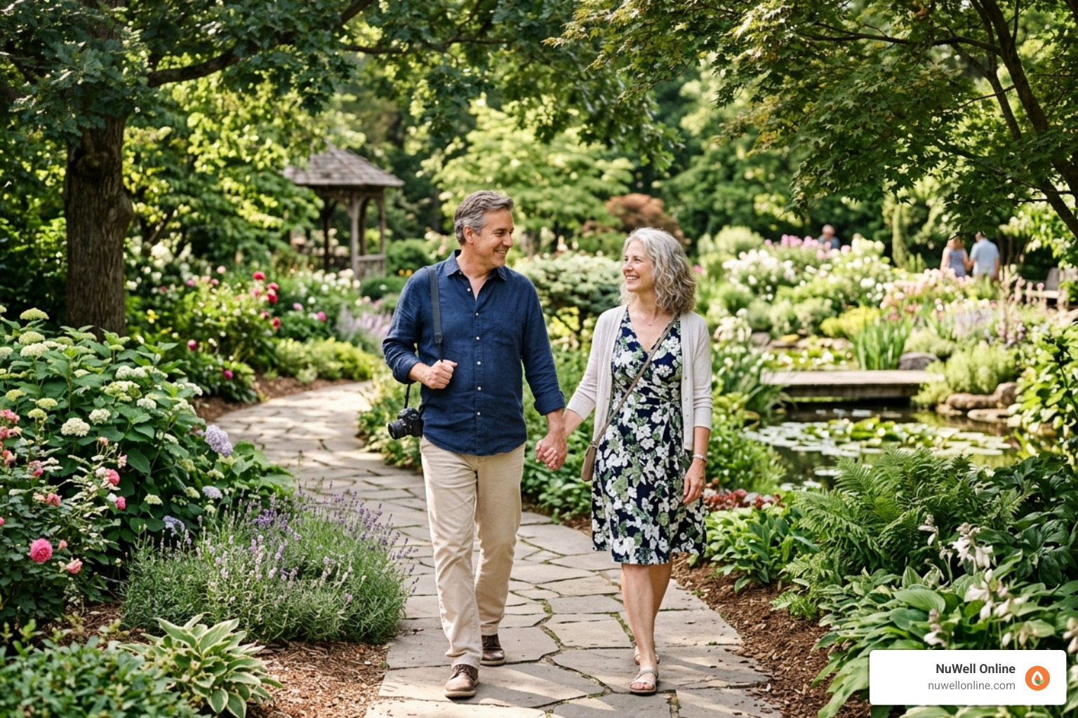 A couple walking together in a peaceful garden, reflecting the peace found in spiritual restoration - faith based couples A couple walking together in a peaceful garden, reflecting the peace found in spiritual restoration - faith based couples