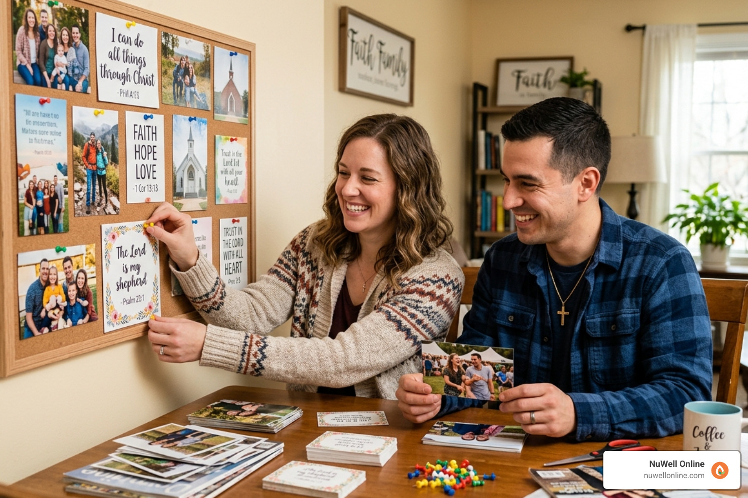 Christian couple creating a vision board with Bible verses - christian marriage vision planning