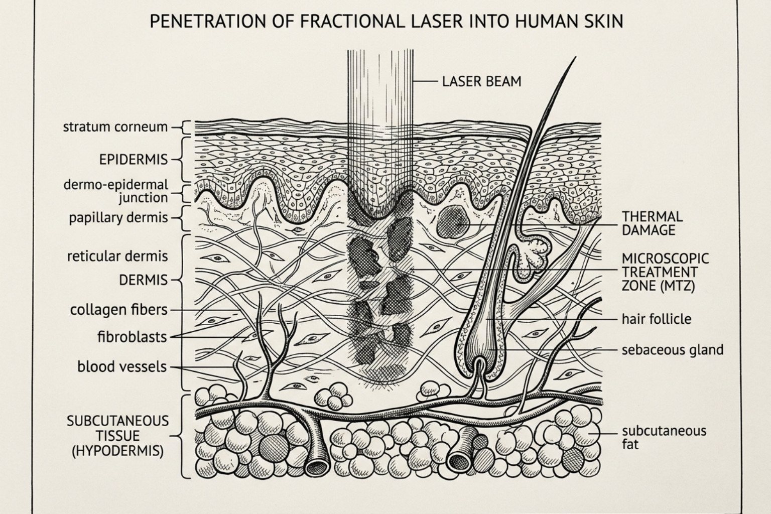 skin cross-section showing laser penetration - laser scar reduction treatment skin cross-section showing laser penetration - laser scar reduction treatment