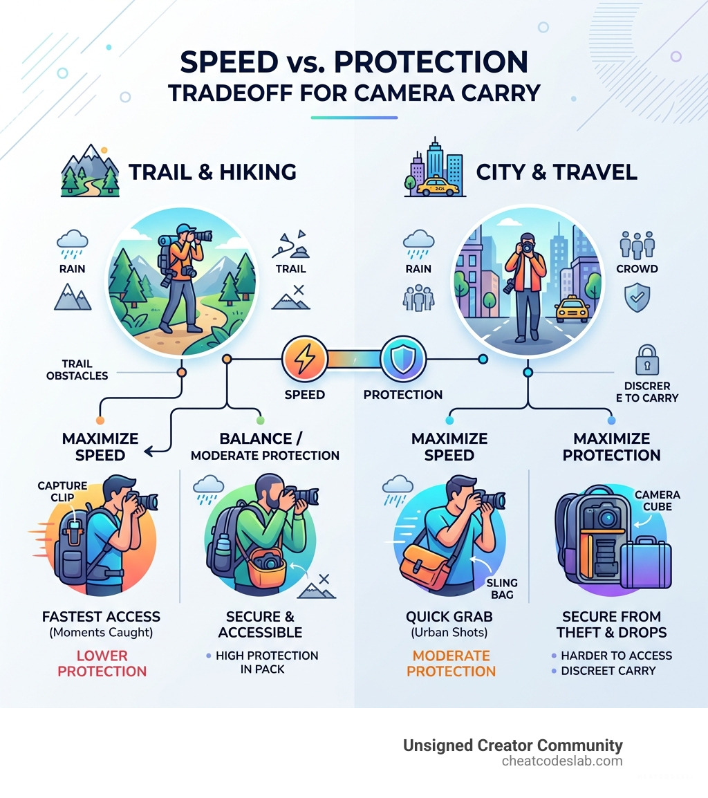 Speed vs. protection tradeoff infographic for carrying camera gear on trails and in cities - best way to carry camera gear