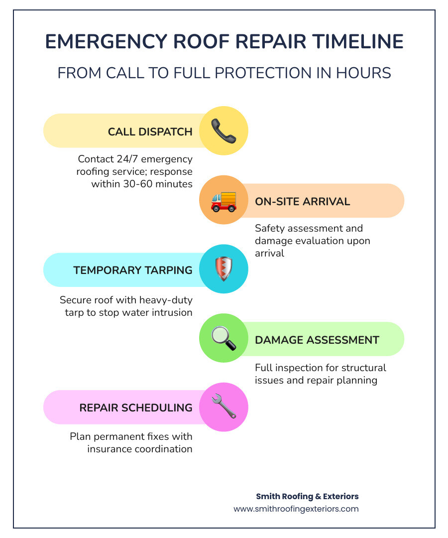 Emergency roofing timeline infographic: call, dispatch, tarp, assess, repair - emergency roofing services near me Emergency roofing timeline infographic: call, dispatch, tarp, assess, repair - emergency roofing services near me