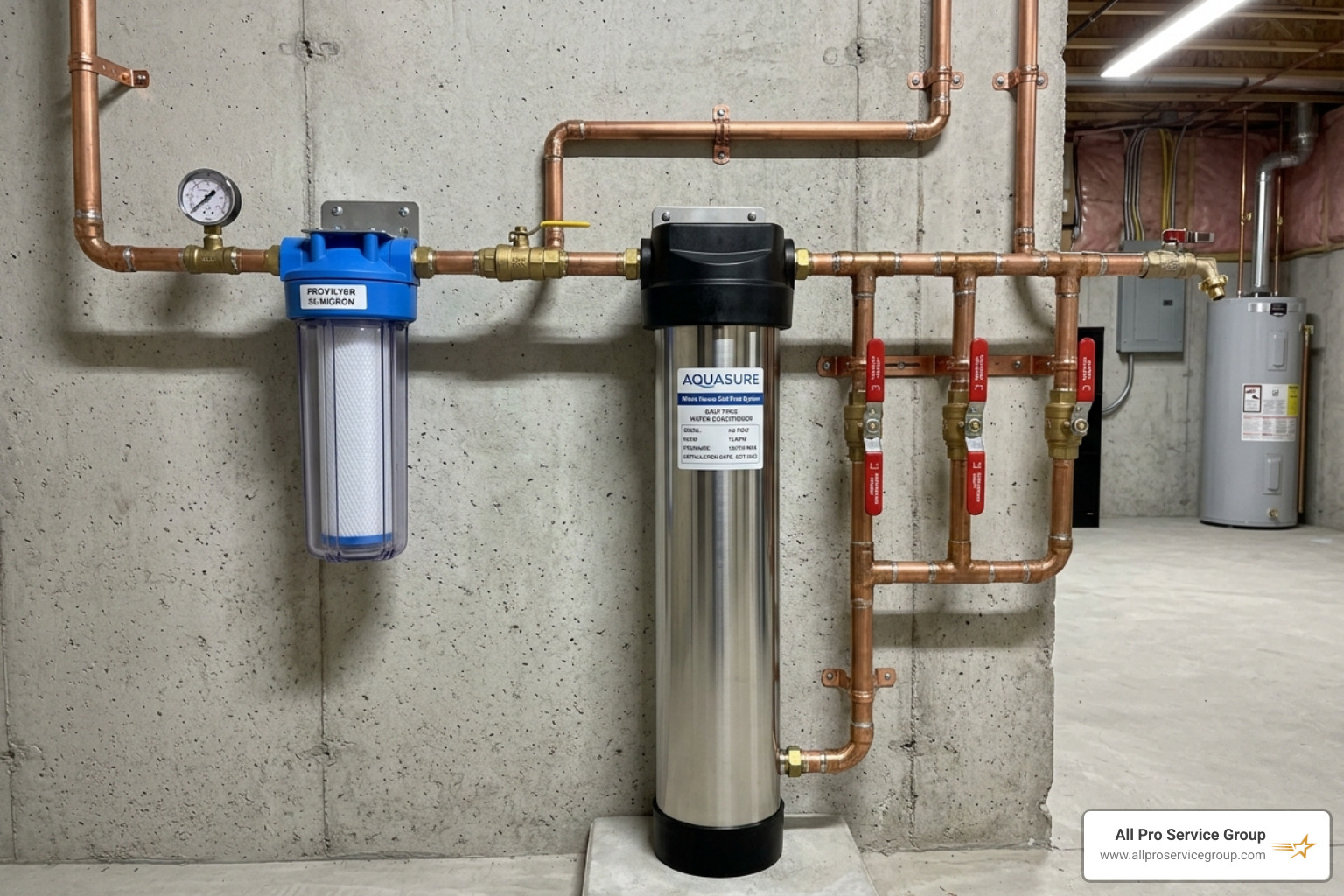 Professional installation of a whole house salt-free water conditioning system with bypass valves and pre-filter - salt free
