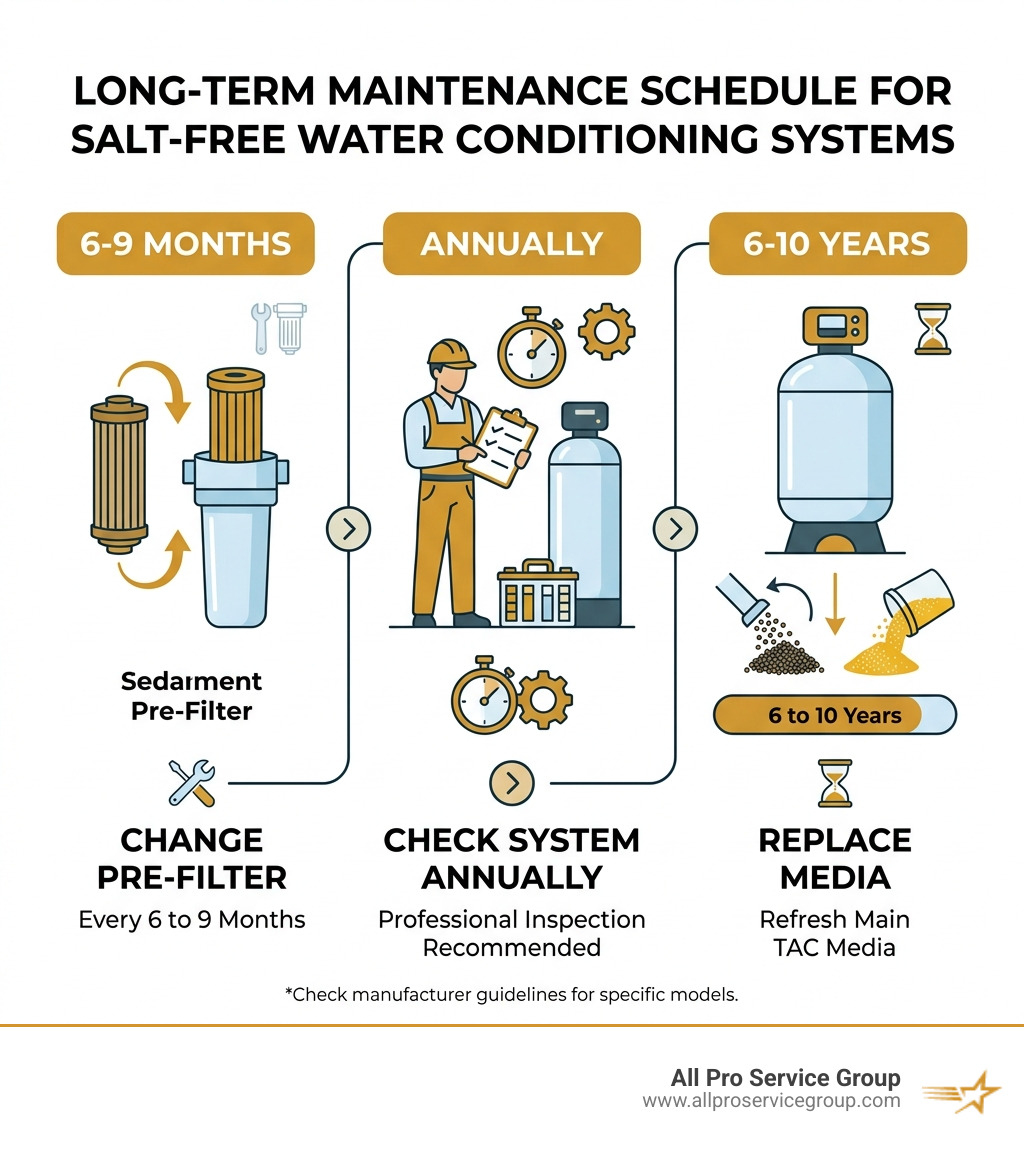 Infographic showing maintenance schedule for salt-free systems: Change pre-filter every 6-9 months, check system annually