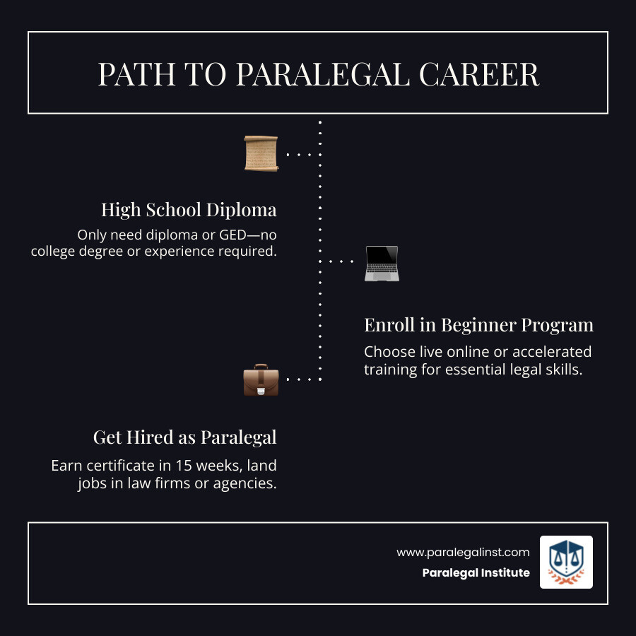 Infographic showing the path to becoming a paralegal in 2026: high school diploma, enroll in beginner program, complete Infographic showing the path to becoming a paralegal in 2026: high school diploma, enroll in beginner program, complete